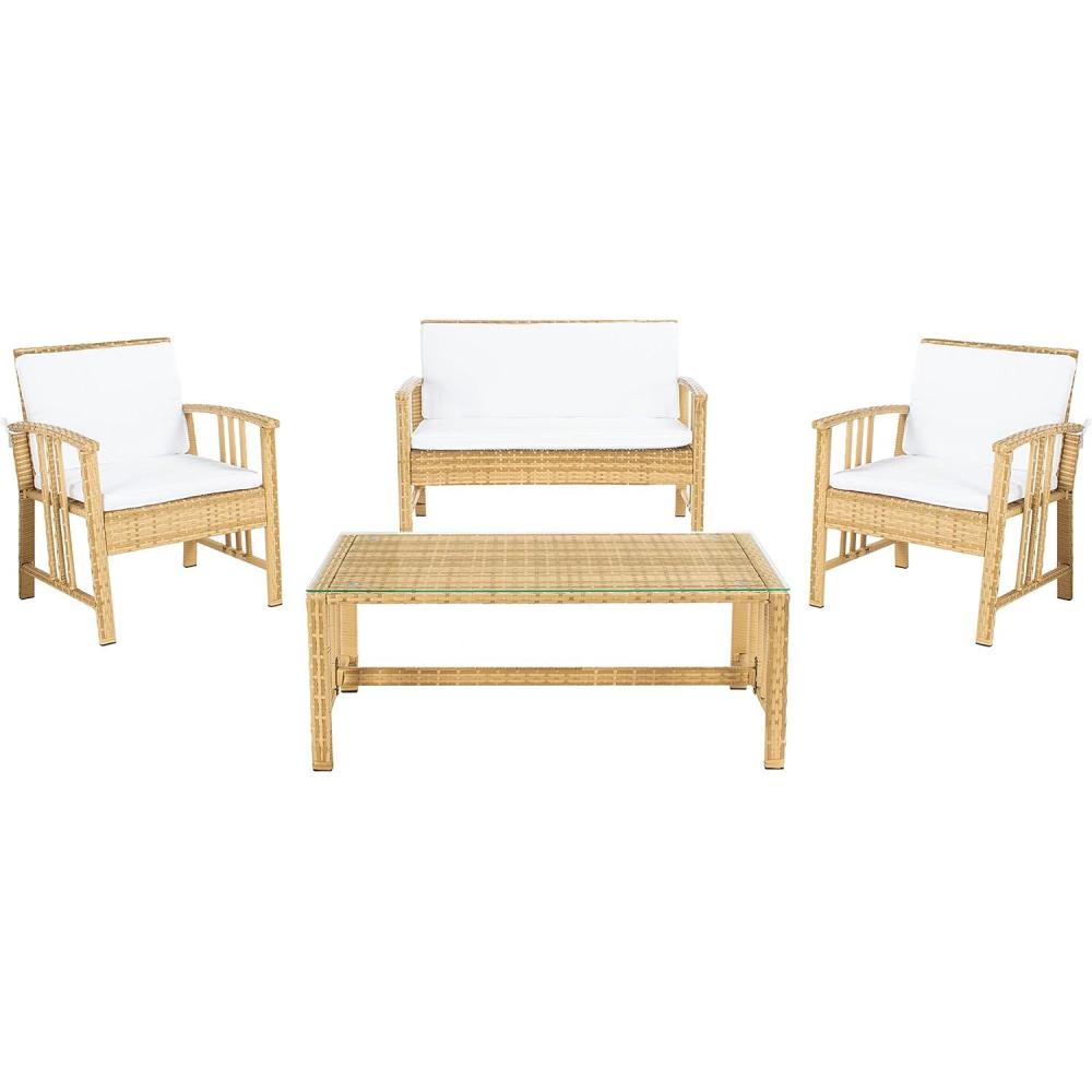 image:imageSafavieh Outdoor Collection Reslor Wicker Cushion 4Piece Living Set PAT7713D NaturalWhiteNatural White