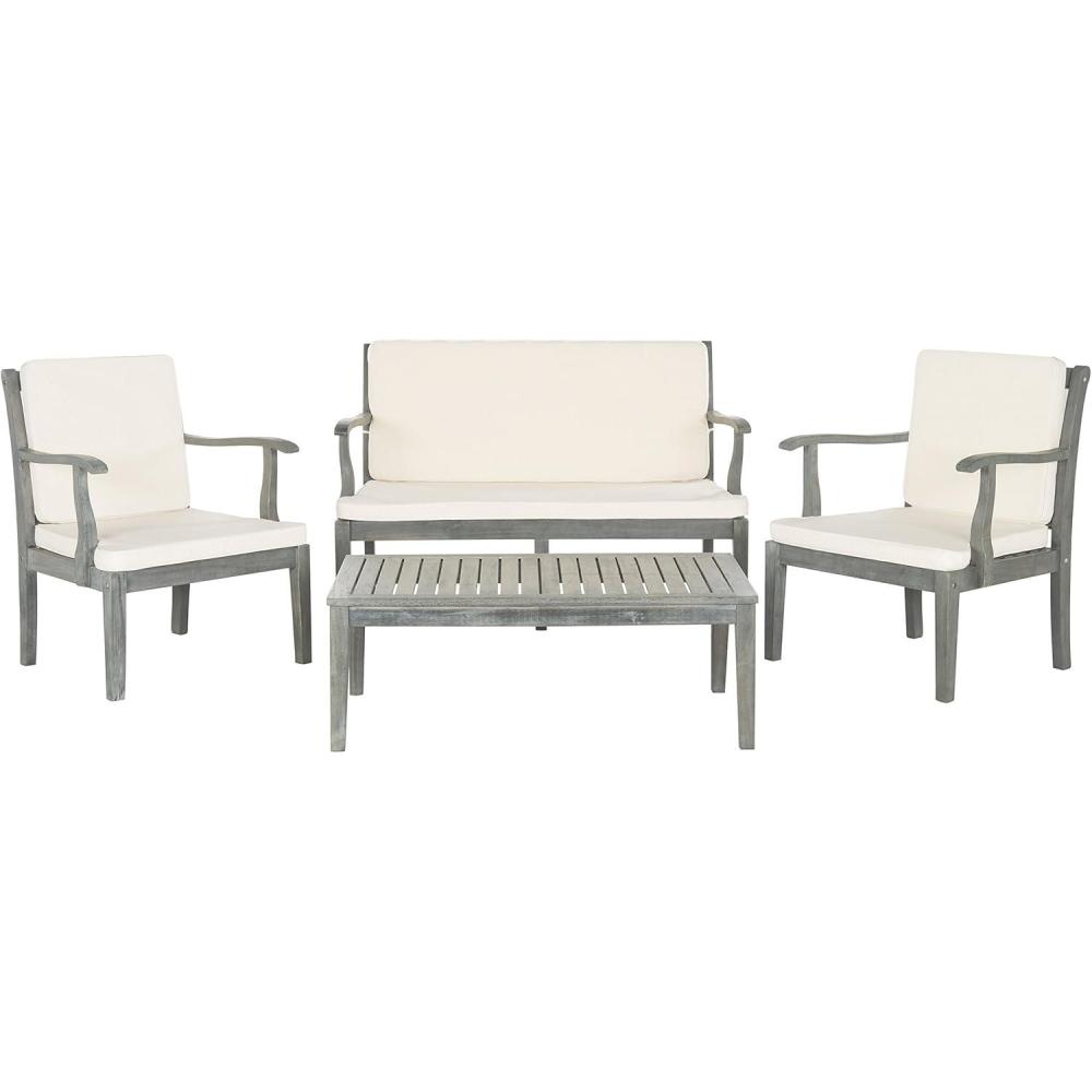 image:imageSafavieh Outdoor Living Collection Bradbury 4Piece Outdoor Living Set NaturalBeige Chair 256 x 248 x 319 Bench 484 x 248Ash Grey  Beige