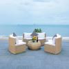 SAFAVIEH Outdoor Collection Jesvita Beige/White Cushion/Navy Thin Stripe Pillow Conversation Patio Set(Beige / White)
