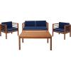 SAFAVIEH Outdoor Collection Alda Natural/Beige Cushion with Black Piping/Stripe Bolster Pillow 4-Piece Conversation Patio Set(Natural/Navy)