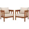 SAFAVIEH Outdoor Collection Owen Natural Brown/Taupe Cushion Solid Wood Chair Set of 2