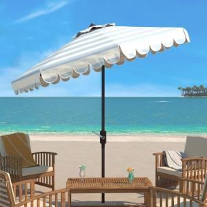 SAFAVIEH 9ft Outdoor Patio Umbrella, Round, Maui Collection, Beige & White Stripe, Crank, Button Tilt, UV Resistant for Deck, Backyard, Patio (PAT8011A)(Baby Blue/White)