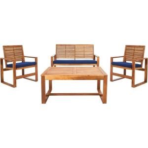 SAFAVIEH Home Collection Hailey Outdoor Living Acacia Patio Set(Natural / Navy)
