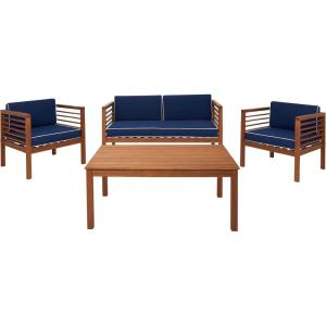 SAFAVIEH Outdoor Collection Alda Natural/Beige Cushion with Black Piping/Stripe Bolster Pillow 4-Piece Conversation Patio Set(Natural/Navy)