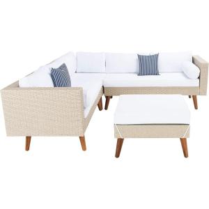SAFAVIEH Outdoor Collection Analon Wicker Cushion Sectional Set PAT7716B-3BX, Beige/White(Beige / White)