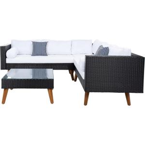 SAFAVIEH Outdoor Collection Analon Wicker Cushion Sectional Set PAT7716B-3BX, Beige/White(Black / White)