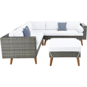 SAFAVIEH Outdoor Collection Analon Wicker Cushion Sectional Set PAT7716B-3BX, Beige/White(Grey Brown / White)