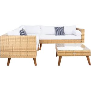 SAFAVIEH Outdoor Collection Analon Wicker Cushion Sectional Set PAT7716B-3BX, Beige/White(Natural / White)