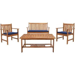SAFAVIEH Outdoor Collection Burbank Black and White 4 Pc Outdoor Set(Natural / Navy)