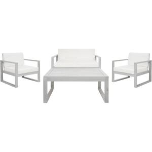 SAFAVIEH Outdoor Collection Emiko Natural/Beige Cushion Solid Wood 4-Piece Conversation Patio Set(Grey/Beige)