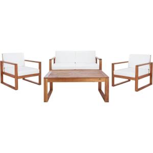 SAFAVIEH Outdoor Collection Emiko Natural/Beige Cushion Solid Wood 4-Piece Conversation Patio Set(Natural/Beige)