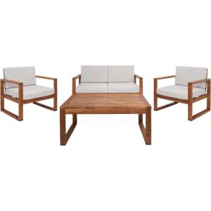 SAFAVIEH Outdoor Collection Emiko Natural/Beige Cushion Solid Wood 4-Piece Conversation Patio Set(Natural/Light Grey)