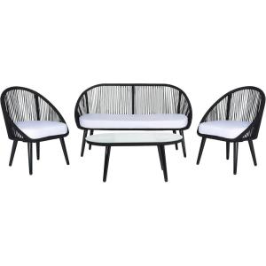 SAFAVIEH Outdoor Collection Halcott Black Rope/White Cushion 4-Piece Conversation Patio Set(Black / White)