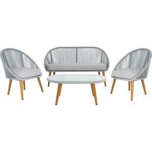 SAFAVIEH Outdoor Collection Halcott Black Rope/White Cushion 4-Piece Conversation Patio Set(Grey / Grey)