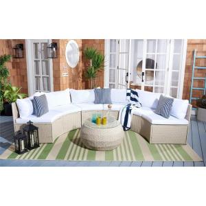 SAFAVIEH Outdoor Collection Jesvita Beige/White Cushion/Navy Thin Stripe Pillow Conversation Patio Set(Beige / White)