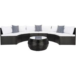 SAFAVIEH Outdoor Collection Jesvita Beige/White Cushion/Navy Thin Stripe Pillow Conversation Patio Set(Black / White)