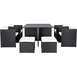 SAFAVIEH Outdoor Collection Klena Black Rattan/Beige Cushion 9-Piece Patio Backyard Dining Set