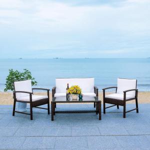 SAFAVIEH Outdoor Collection Krissy Wicker Cushion 4-Piece Living Set PAT7711A, Black/White(Brown / White)