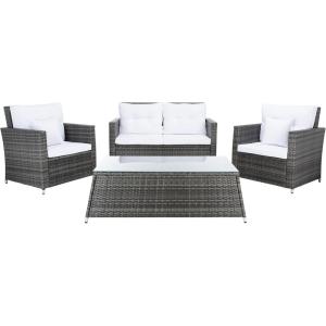 SAFAVIEH Outdoor Collection Lorma Grey Brown/White Wicker 4-Piece Conversation Patio Set