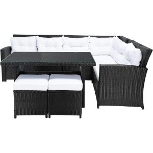SAFAVIEH Outdoor Collection Miki Black/White Cushion Wicker 6-Piece Corner Set(Black / White)