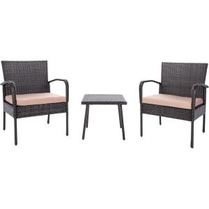 SAFAVIEH Outdoor Collection Moore Black Rattan/Beige Cushion 3-Piece Patio Lounge Bistro Set with Table (PAT9009A)(Brown / Beige)