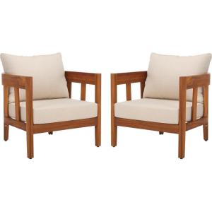SAFAVIEH Outdoor Collection Owen Natural Brown/Taupe Cushion Solid Wood Chair Set of 2