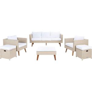 SAFAVIEH Outdoor Collection Presla Natural/White 6-Piece Patio Living Set PAT7715D-3BX(Beige / White)