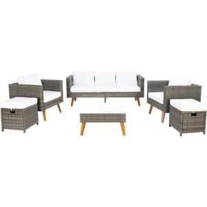 SAFAVIEH Outdoor Collection Presla Natural/White 6-Piece Patio Living Set PAT7715D-3BX(Grey Brown / White)