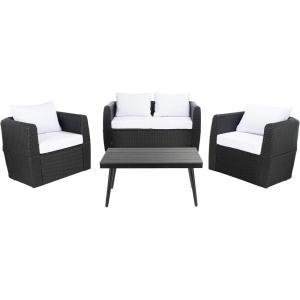 SAFAVIEH Outdoor Collection Tarien Black Wicker/Beige Cushion 4-Piece Patio Backyard Living Set(Black/White)