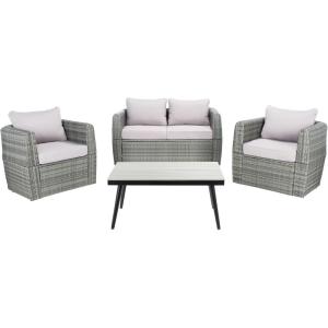 SAFAVIEH Outdoor Collection Tarien Black Wicker/Beige Cushion 4-Piece Patio Backyard Living Set(Grey/Grey)