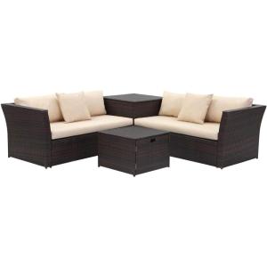 SAFAVIEH Outdoor Collection Welch Brown and Beige Outdoor Living Sectional Set with Storage