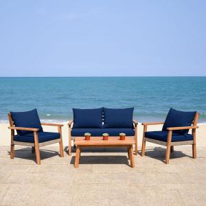 SAFAVIEH PAT7051A Collection Reid Grey Wash 4-Piece Outdoor Patio Set(Natural/Navy)
