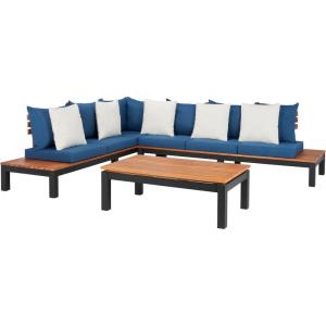 SAFAVIEH PAT7056A-3BX Collection Fristal Teak 3-Piece Outdoor Patio Set(Natural / Navy + Solid Pillow)