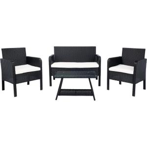 SAFAVIEH PAT7505A Collection Aboka Black and Beige 4-Piece Outdoor Living Patio Set(Black/Beige)