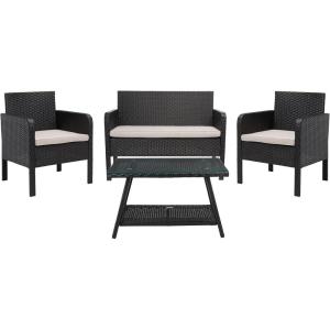 SAFAVIEH PAT7505A Collection Aboka Black and Beige 4-Piece Outdoor Living Patio Set(Black/Light Grey)