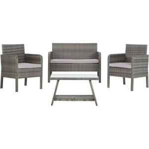 SAFAVIEH PAT7505A Collection Aboka Black and Beige 4-Piece Outdoor Living Patio Set(Grey/Grey)