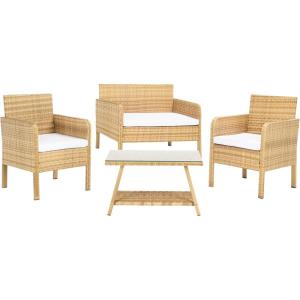 SAFAVIEH PAT7505A Collection Aboka Black and Beige 4-Piece Outdoor Living Patio Set(Natural/White)