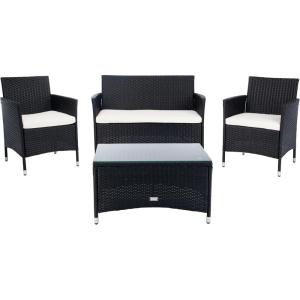 SAFAVIEH PAT7506B Collection Bandele Grey 4-Piece Outdoor Living Patio Set(Black / Beige)
