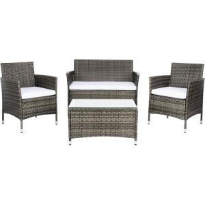 SAFAVIEH PAT7506B Collection Bandele Grey 4-Piece Outdoor Living Patio Set(Grey Brown / White)