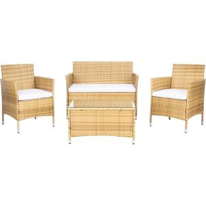 SAFAVIEH PAT7506B Collection Bandele Grey 4-Piece Outdoor Living Patio Set(Natural / White)