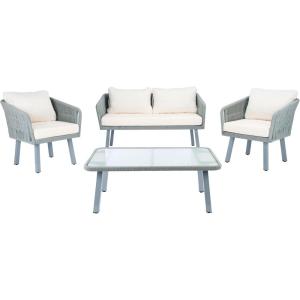 Safavieh Outdoor Collection Kerson Rope Cushion 4-Piece Patio Backyard Living Set PAT7519A, Grey/Beige(Grey / Beige)