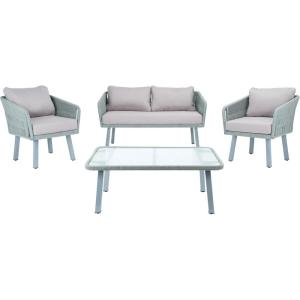 Safavieh Outdoor Collection Kerson Rope Cushion 4-Piece Patio Backyard Living Set PAT7519A, Grey/Beige(Grey / Grey)