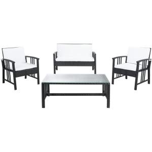 Safavieh Outdoor Collection Reslor Wicker Cushion 4-Piece Living Set PAT7713D, Natural/White(Black / White)
