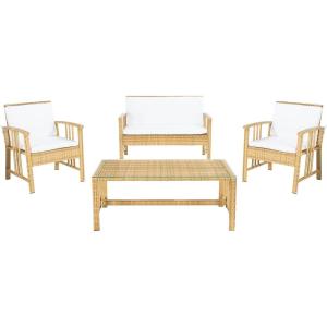 Safavieh Outdoor Collection Reslor Wicker Cushion 4-Piece Living Set PAT7713D, Natural/White(Natural / White)