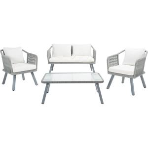 Safavieh Outdoor Collection Torsla Wicker Cushion 4-Piece Rope Patio Backyard Living Set PAT7520C, Grey/Grey(Grey / Beige)