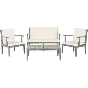 Safavieh Outdoor Living Collection Bradbury 4-Piece Outdoor Living Set, Natural/Beige, Chair: 25.6″ x 24.8″ x 31.9″ Bench: 48.4″ x 24.8″(Ash Grey / Beige)