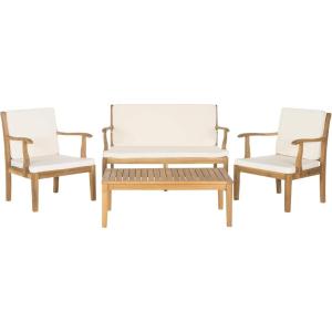 Safavieh Outdoor Living Collection Bradbury 4-Piece Outdoor Living Set, Natural/Beige, Chair: 25.6″ x 24.8″ x 31.9″ Bench: 48.4″ x 24.8″(Natural / Beige)