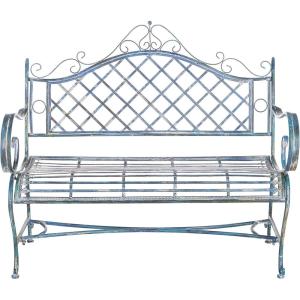 Safavieh PAT5017A Collection Adina Antique White Wrought Iron 51.25″ Outdoor Garden Bench(Mossy Blue)
