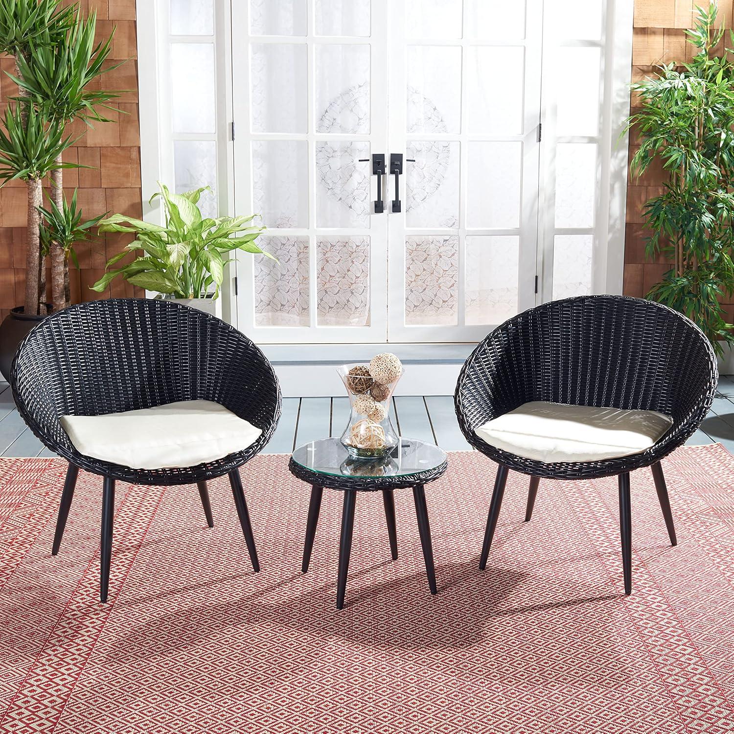 image:imageSAFAVIEH Outdoor Collection Merami Black RattanBeige Cushion 3Piece Patio Lounge Bistro Set PAT9017A