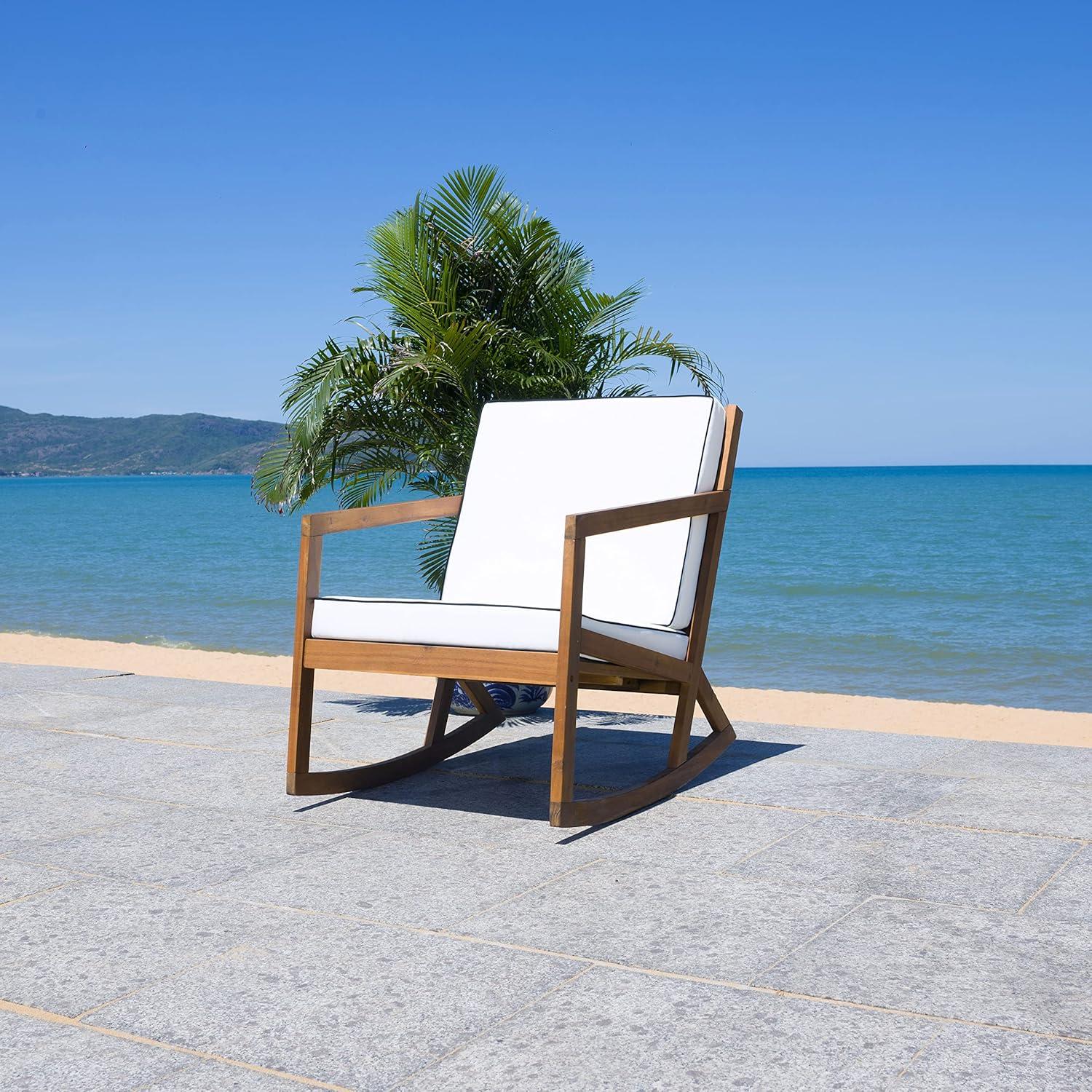 image:imageSAFAVIEH Outdoor Collection Vernon NaturalBeige Cushion with Black Piping Rocking ChairNaturalBeige